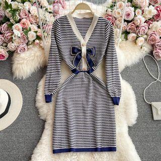 Bow Detail Striped Knit Dress Blue - One Size