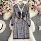 Bow Detail Striped Knit Dress Blue - One Size