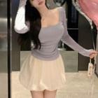 Long-sleeve Square-neck T-shirt / A-line Balloon Skirt