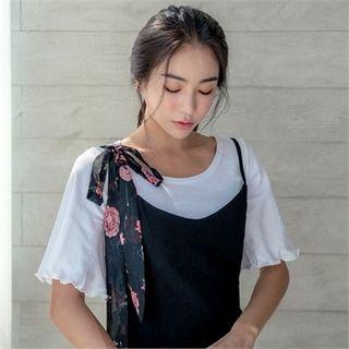 Round-neck Flutter-sleeve Cotton T-shirt