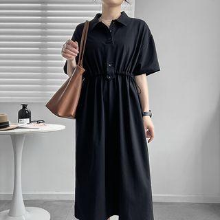 Short-sleeve Collar Drawstring Midi T-shirt Dress