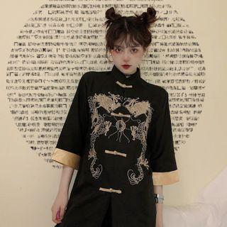 3/4-sleeve Embroidered Frog Buttoned Jacket As Shown In Figure - One Size