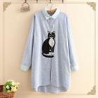 Long-sleeve Cat Embroidered Shirt Dress