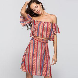 Set: Patterned Off-shoulder Cropped Top + A-line Skirt