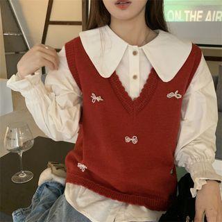 Faux Pearl Bow Sweater Vest 1528 - Vest - Red - One Size