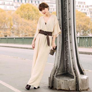 3/4-sleeve Plain Jumpsuit