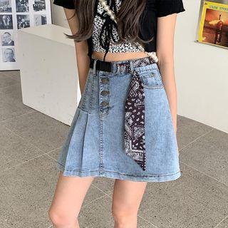 Pleated A-line Denim Skirt / Print Panel Belt / Set
