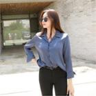 Notched-collar Long-sleeve Colored Blouse