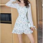 Long-sleeve Panel Chiffon Floral Mini Dress