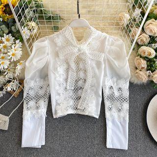 Tie-neck Crochet Panel Cropped Blouse