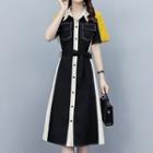 Short-sleeve Contrast Color Tie-waist Shirt Dress