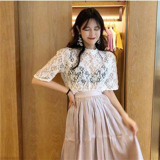 Short-sleeve Lace Top / A-line Midi Skirt