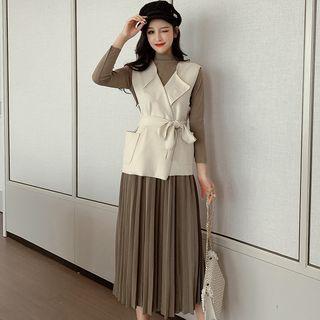 Set: Long-sleeve Top + Vest + Pleated Skirt