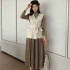 Set: Long-sleeve Top + Vest + Pleated Skirt