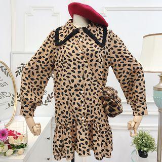 Collared Leopard Print Long-sleeve Mini Dress
