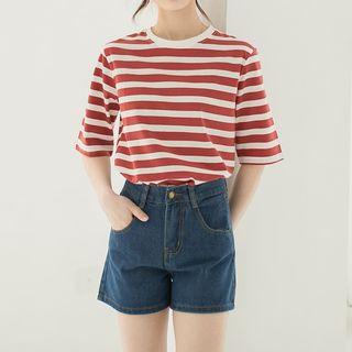 Pinstriped Round-neck Short-sleeve Red & White - One Size