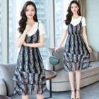 Set: Crew-neck Short-sleeve T-shirt + Print Spaghetti Strap Dress