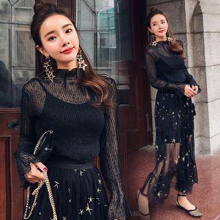 Mock-neck Long-sleeve Top / Star Print Midi Mesh Skirt