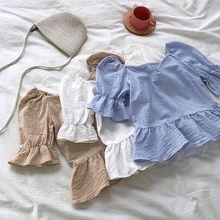 V-neck Ruffled-trim Short-sleeve Blouse