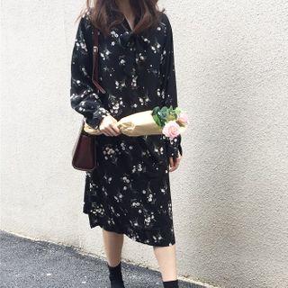 Floral Long-sleeve Midi Chiffon Dress Black - One Size