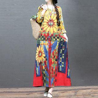 Flower Print Long-sleeve Maxi Shift Dress