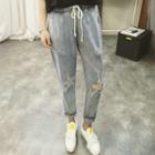 Distressed Drawstring Straight Cut Jeans