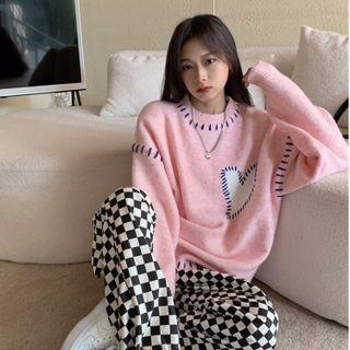 Contrast Stitching Heart Sweater Pink - One Size