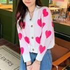 V-neck Heart Print Knit Cardigan Pink - One Size