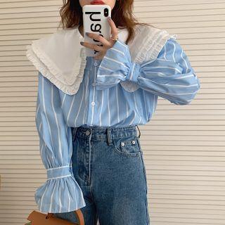 Bell-sleeve Layered Collared Striped Shirt Blue - One Size