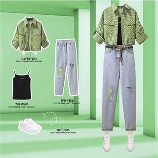 Set: Elbow-sleeve Plaid Shirt + Spaghetti Strap Top + Distressed Jeans