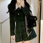 Plaid Cropped Button-up Jacket / Long-sleeve Blouse / Mini A-line Skirt