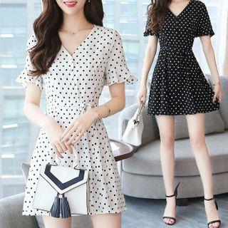 Short-sleeve Dotted V-neck Mini Dress