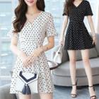 Short-sleeve Dotted V-neck Mini Dress