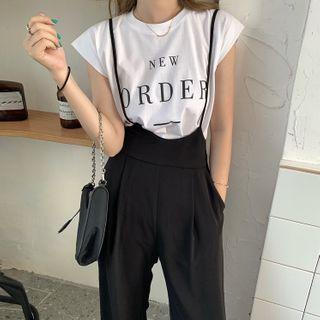 Cap-sleeve Lettering T-shirt / Wide-leg Suspender Pants