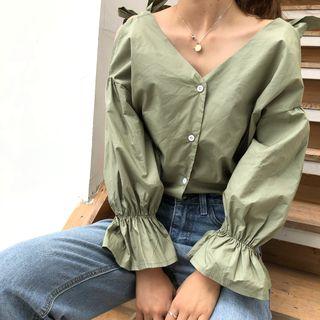 Puff-sleeve V-neck Blouse Green - One Size