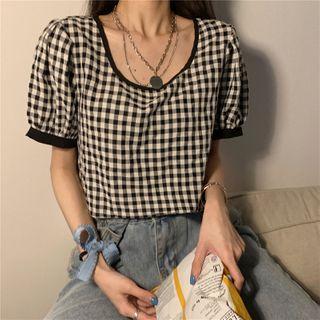 Short-sleeve Square Neck Contrast Trim Plaid Top