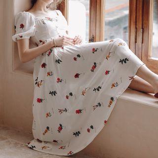 Puff-sleeve Floral Print A-line Dress As Shown In Figure - One Size