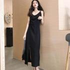 Side Slit Midi Spaghetti Strap Dress Black - One Size
