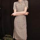 Short-sleeve Gingham Check Qipao
