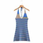 Halter-neck Striped Knit Mini Bodycon Dress Stripes - Blue & White - One Size