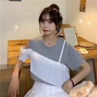Short-sleeve Asymmetric Cold Shoulder Lace Trim Top