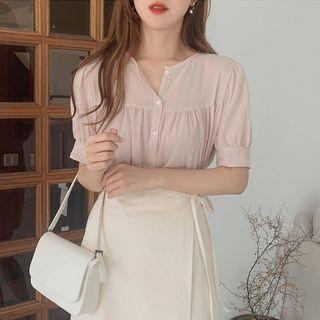 Short-sleeve Plain Blouse / High-waist Drawstring Plain Skirt