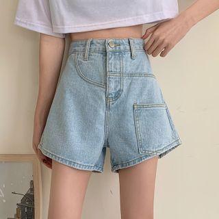 Asymmetric High-waist Denim Wide-leg Shorts