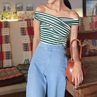 Off-shoulder Slim-fit Striped T-shirt