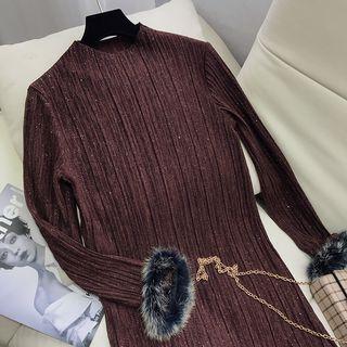 Furry Cuff Lace Hem Knit Dress