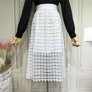 Patchwork Eyelet Midi Shift Skirt