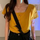 Square-neck Short-sleeve Buttoned T-shirt