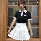Short-sleeve Color Block Polo Shirt / Mini Pleated Skirt