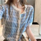 Short-sleeve Button-up Floral Print Knit Top Blue Print - White - One Size