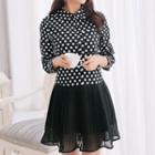 Dotted Mesh Panel Long-sleeve Dress